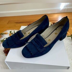 Boden Victoria Block Heel Kiltie Blue Suede Loafers/Pumps, EUC